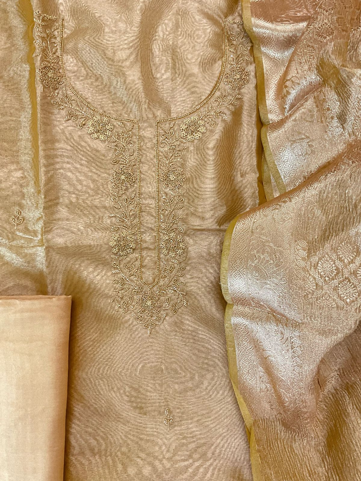 Soft Tissue Organza Embroidered Suit - Mustard Yellow