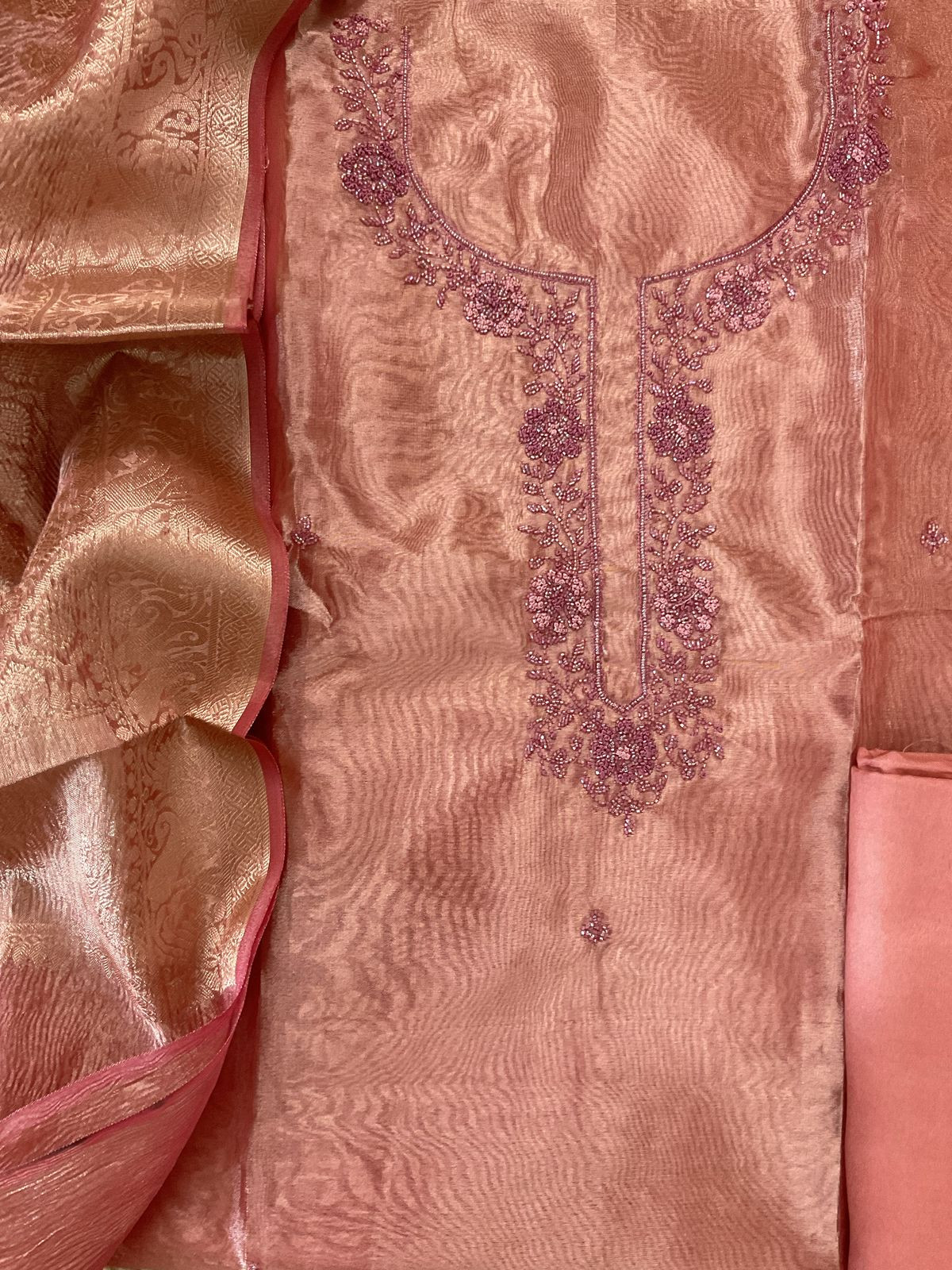 Soft Tissue Organza Embroidered Suit - Peach