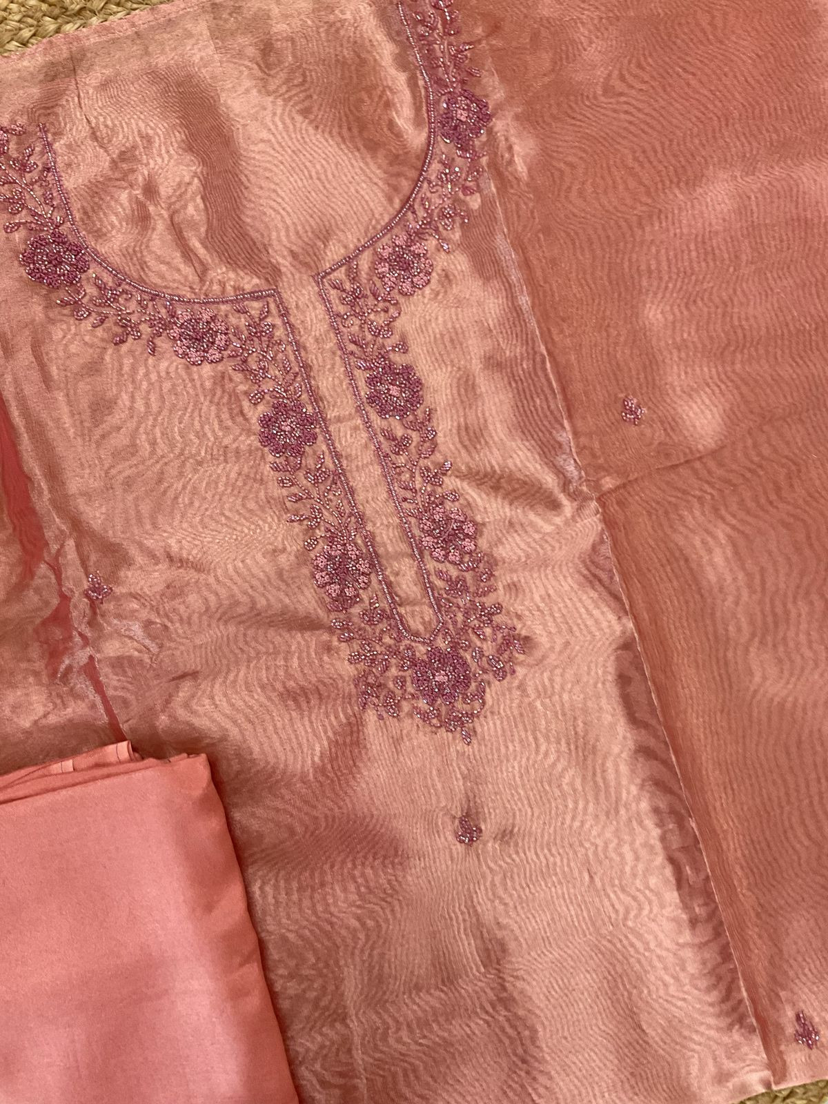 Soft Tissue Organza Embroidered Suit - Peach