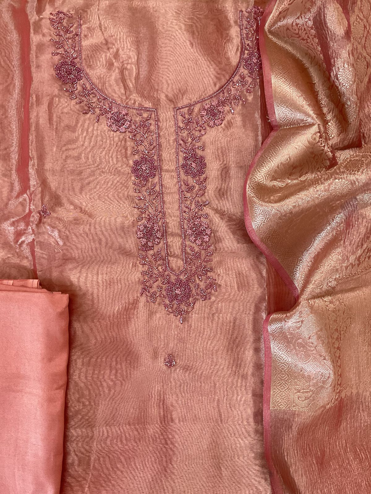 Soft Tissue Organza Embroidered Suit - Peach