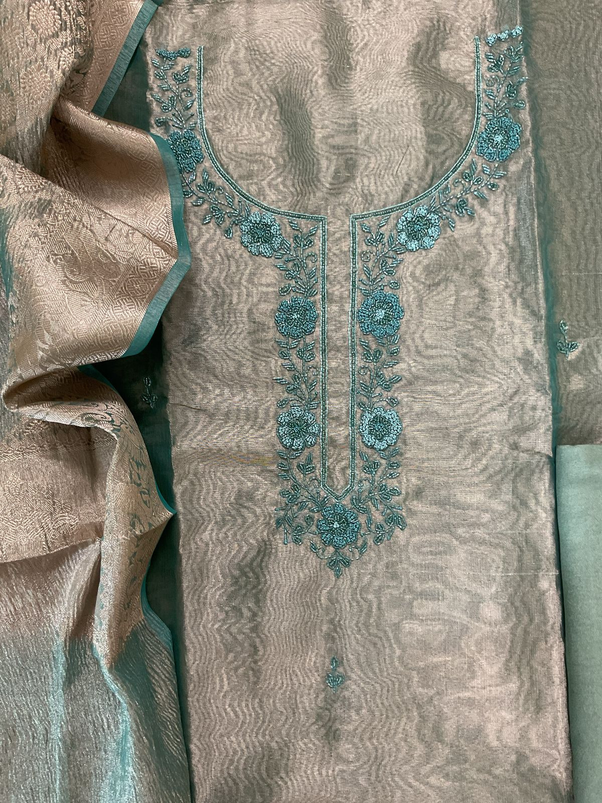 Soft Tissue Organza Embroidered Suit - Blue