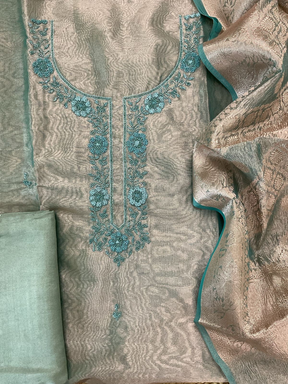 Soft Tissue Organza Embroidered Suit - Blue