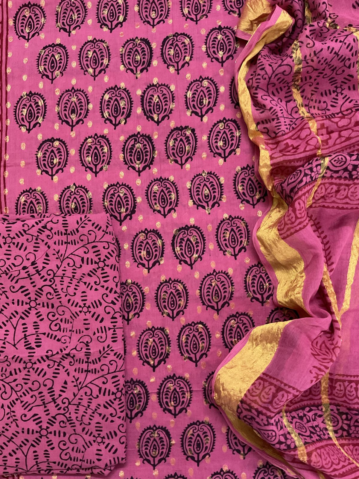 Pure Cotton Bagh Printed Banarasi Weaved Suit - Pink