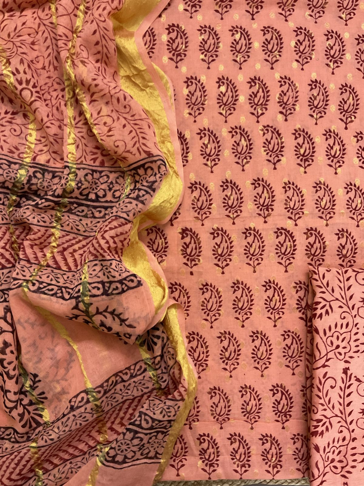 Pure Cotton Bagh Printed Banarasi Weaved Suit - Peach