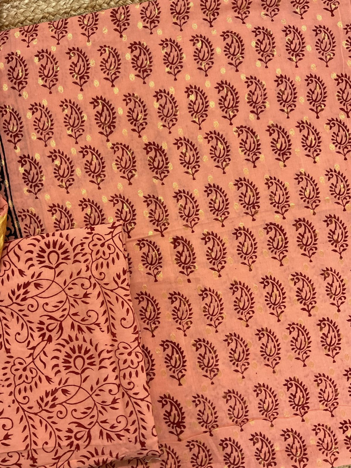 Pure Cotton Bagh Printed Banarasi Weaved Suit - Peach