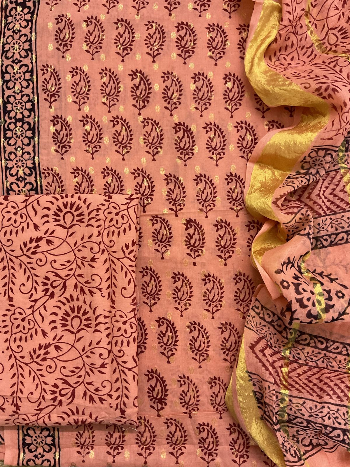 Pure Cotton Bagh Printed Banarasi Weaved Suit - Peach
