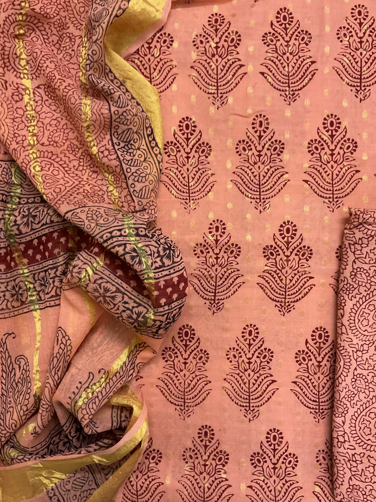 Pure Cotton Bagh Printed Banarasi Weaved Suit - Peach