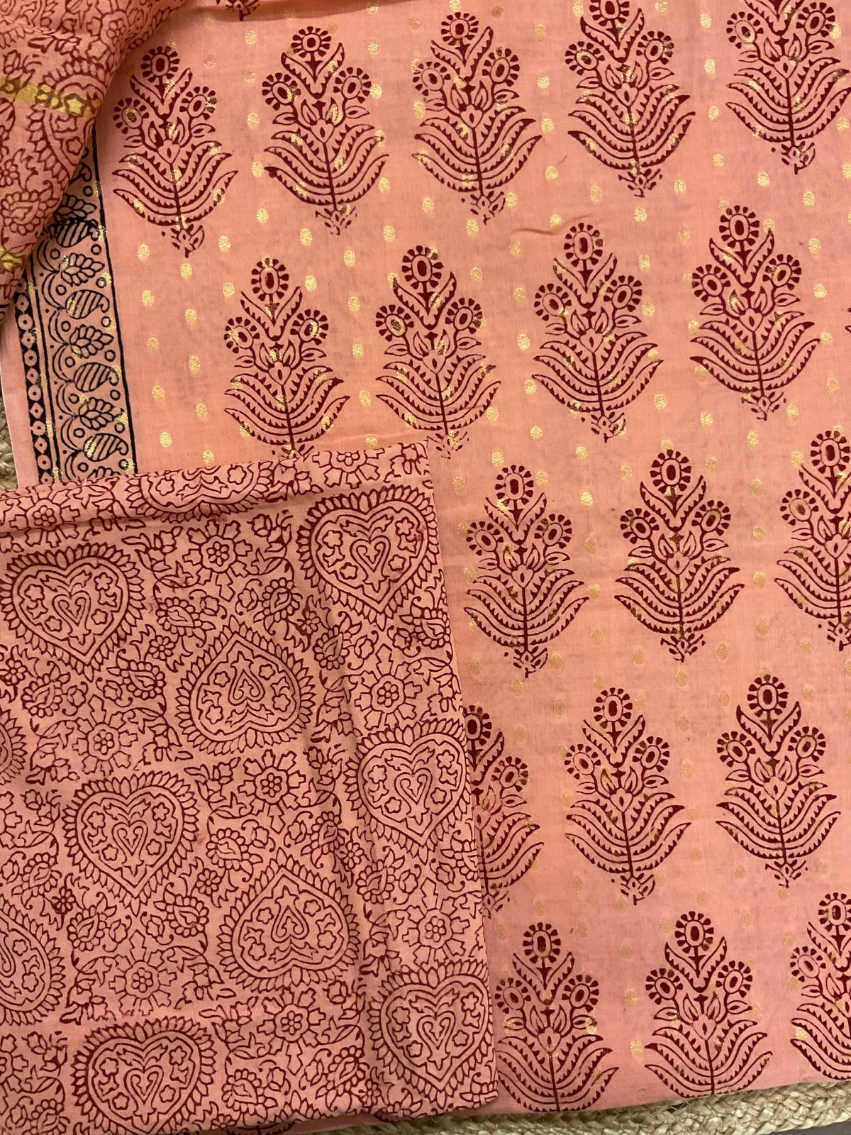 Pure Cotton Bagh Printed Banarasi Weaved Suit - Peach