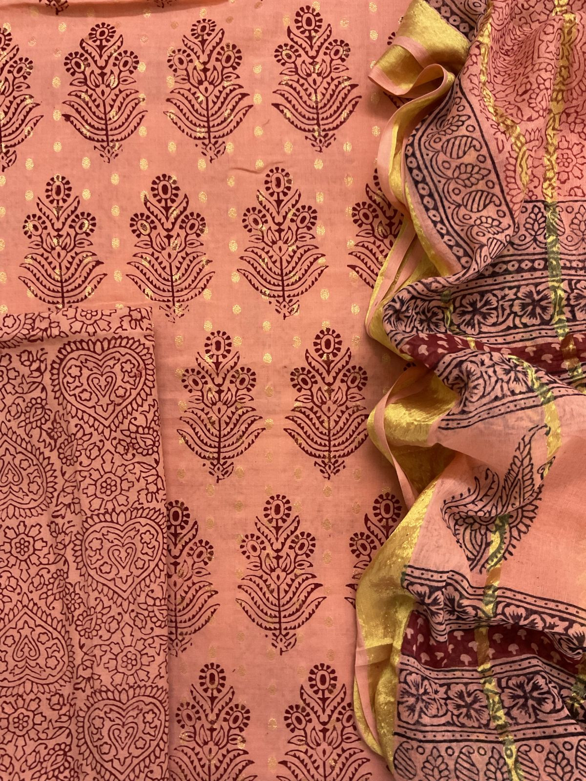 Pure Cotton Bagh Printed Banarasi Weaved Suit - Peach