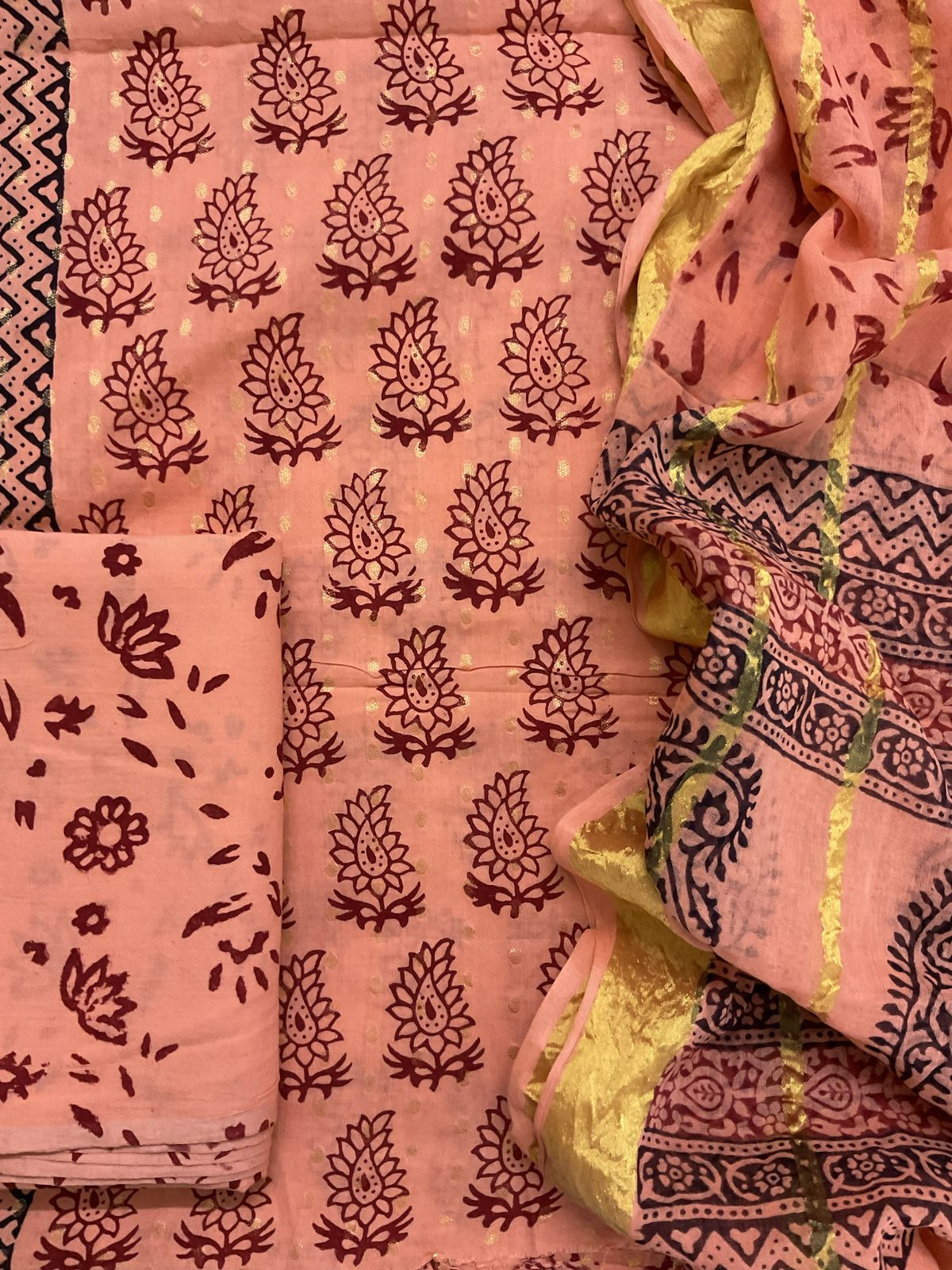 Pure Cotton Bagh Printed Banarasi Weaved Suit - Peach