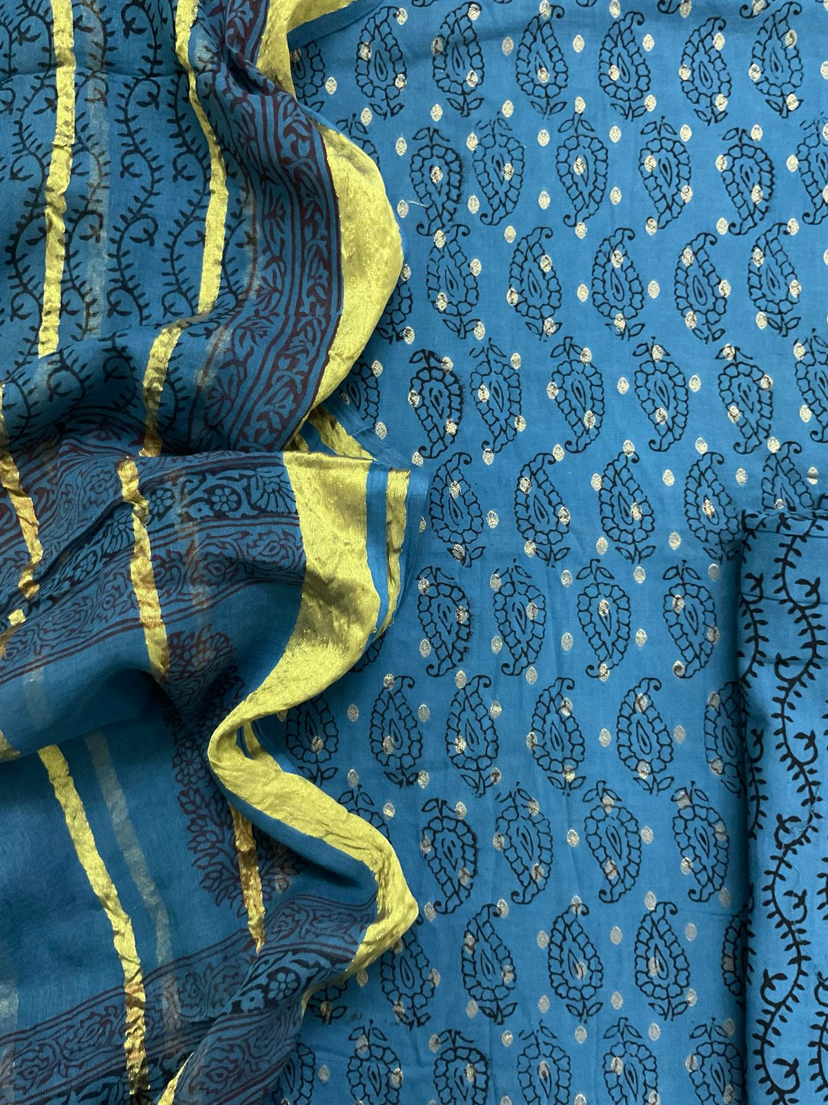 Pure Cotton Bagh Printed Banarasi Weaved Suit - Blue