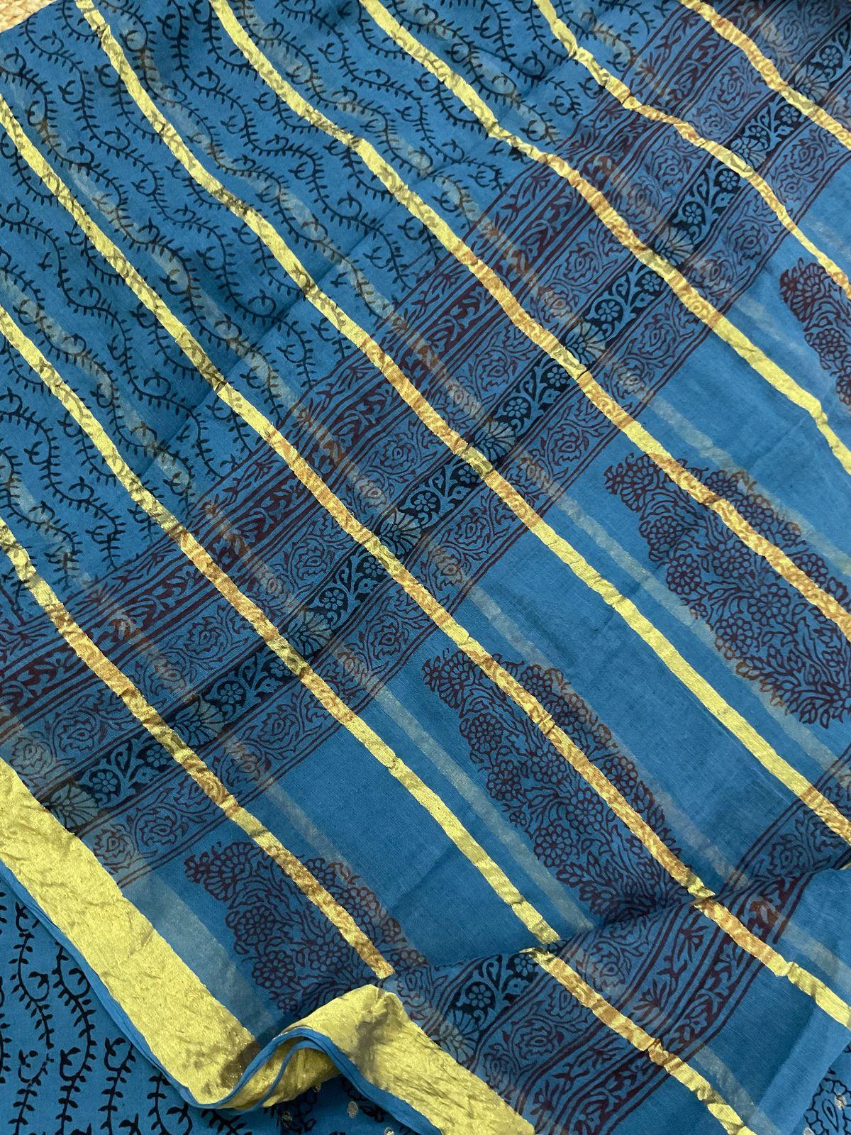 Pure Cotton Bagh Printed Banarasi Weaved Suit - Blue