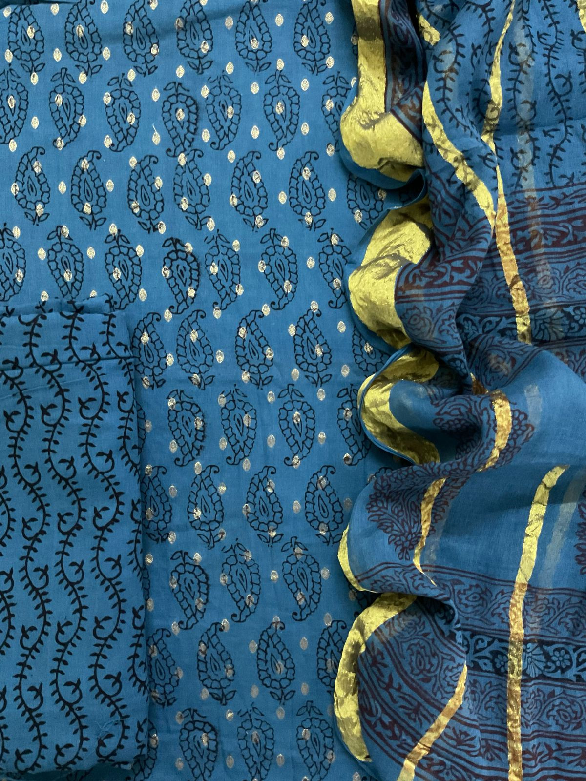 Pure Cotton Bagh Printed Banarasi Weaved Suit - Blue