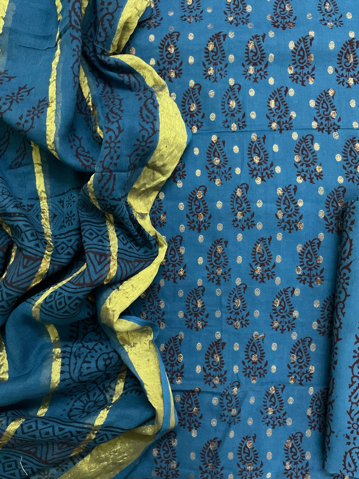 Pure Cotton Bagh Printed Banarasi Weaved Suit - Blue