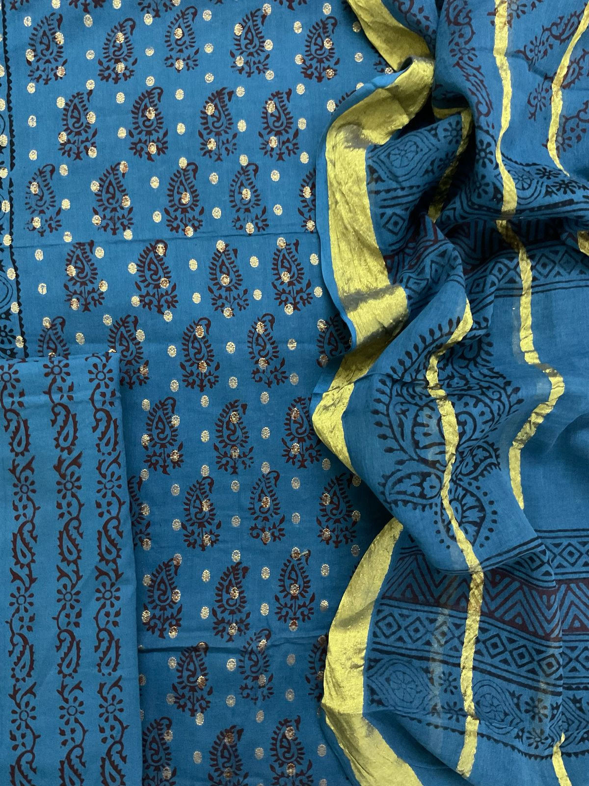 Pure Cotton Bagh Printed Banarasi Weaved Suit - Blue