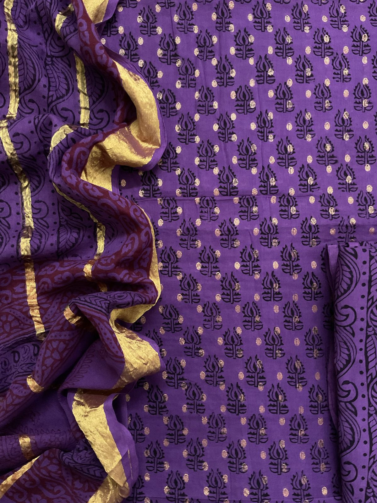 Pure Cotton Bagh Printed Banarasi Weaved Suit - Purple