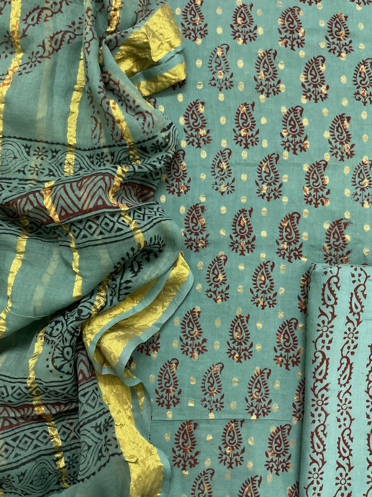 Pure Cotton Bagh Printed Banarasi Weaved Suit - Green