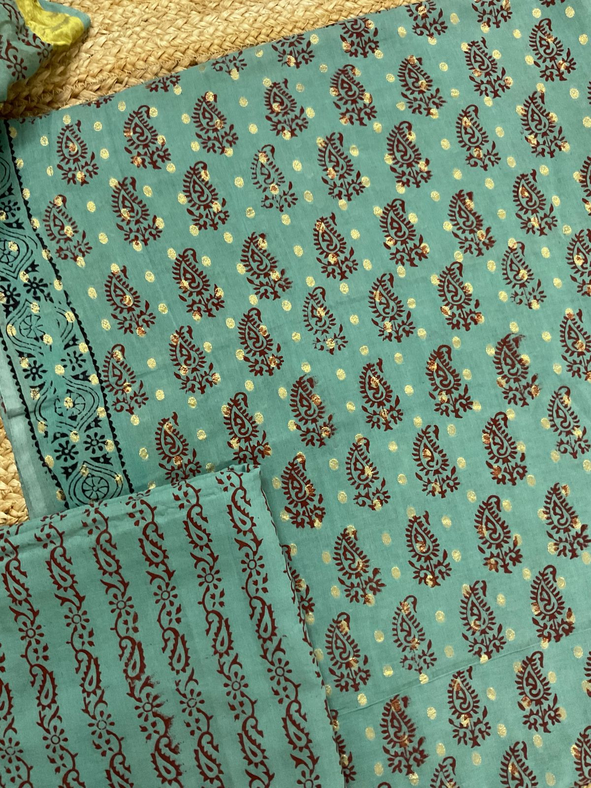 Pure Cotton Bagh Printed Banarasi Weaved Suit - Green