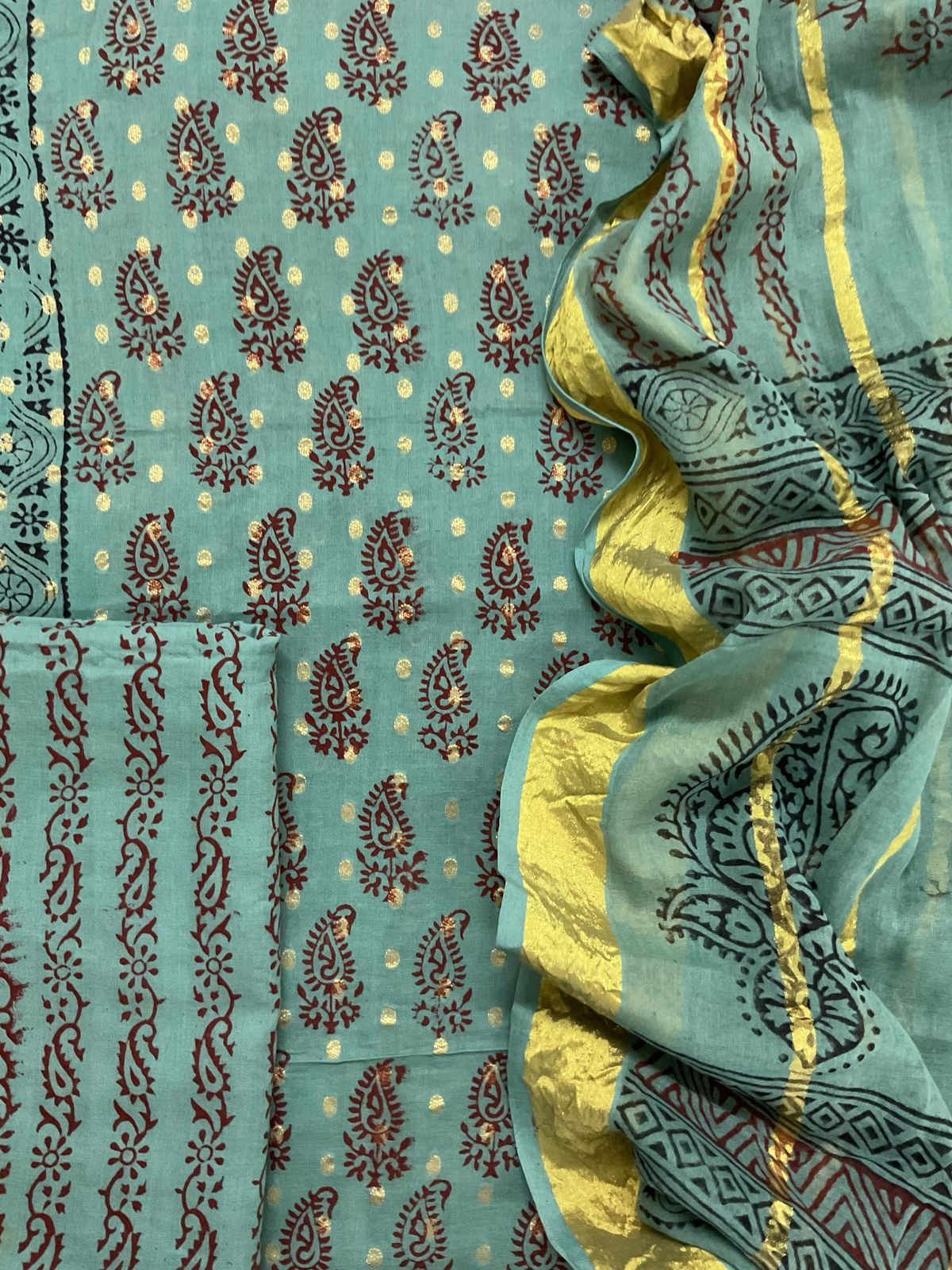 Pure Cotton Bagh Printed Banarasi Weaved Suit - Green