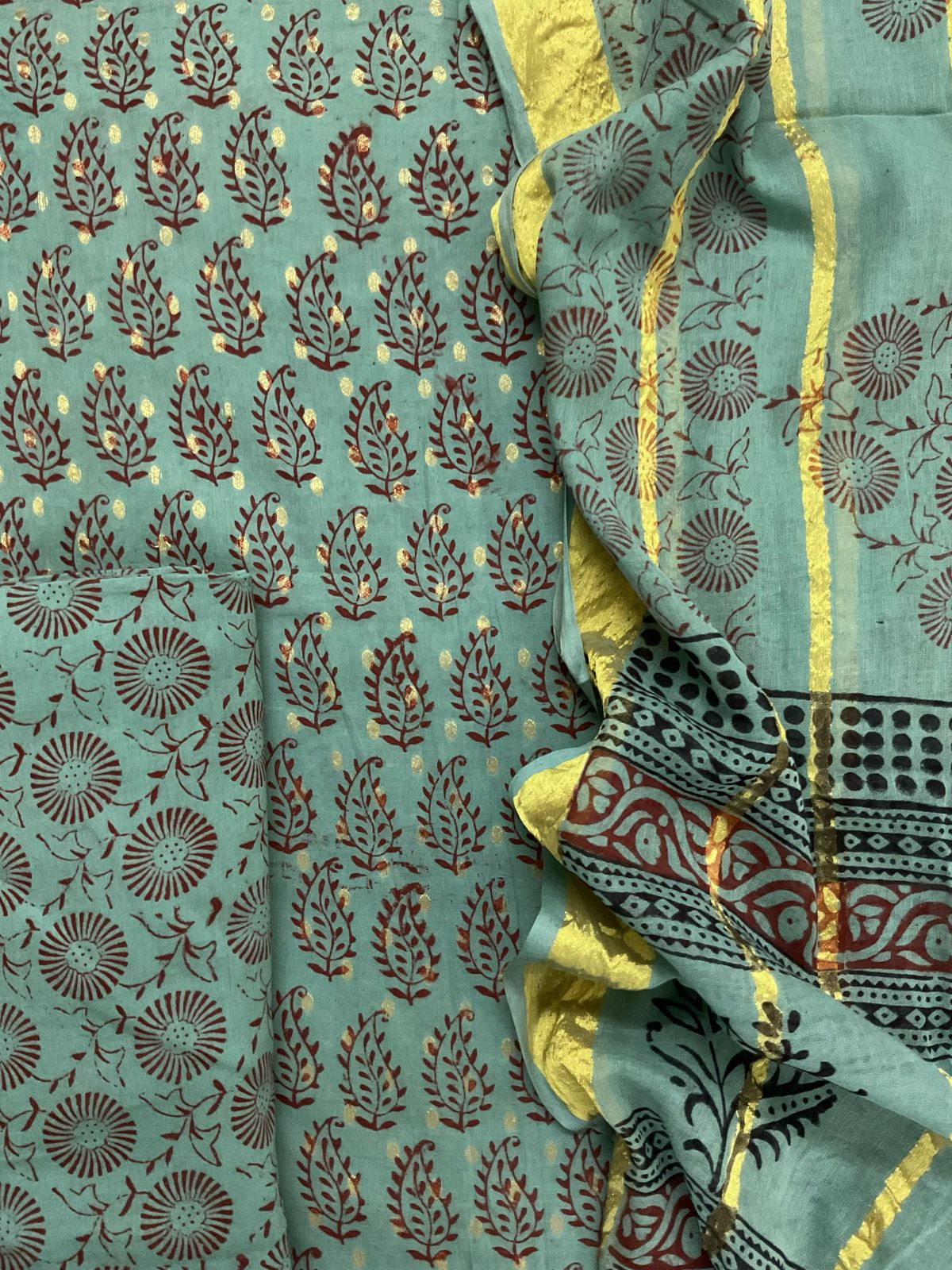 Pure Cotton Bagh Printed Banarasi Weaved Suit - Green