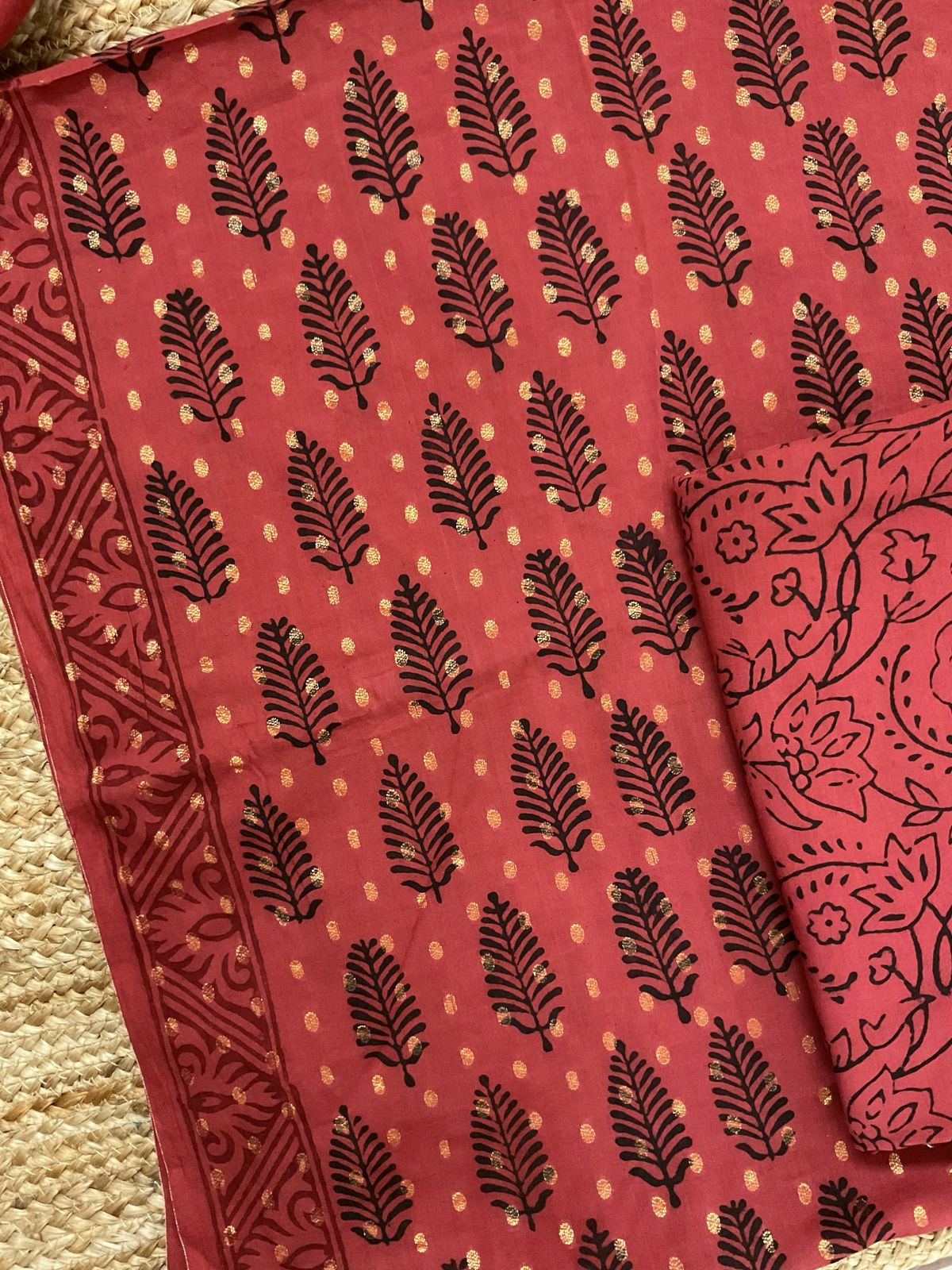 Pure Cotton Bagh Printed Banarasi Weaved Suit - Brick Red