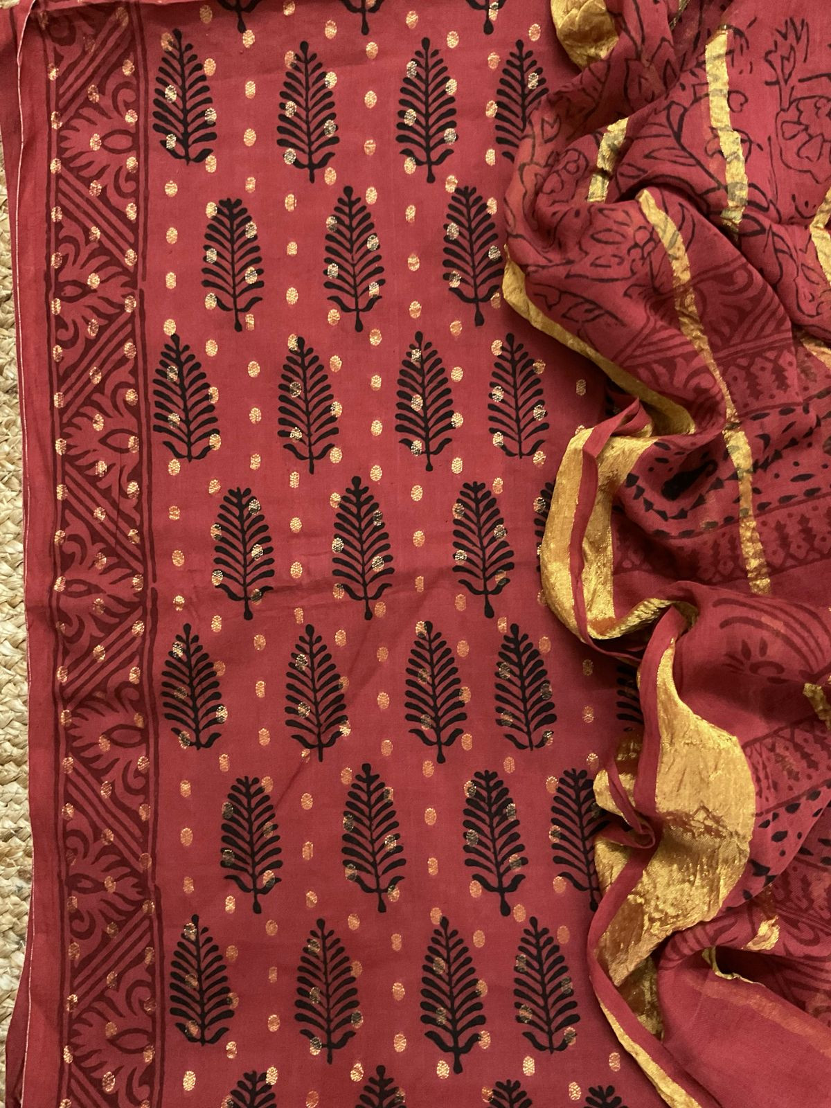 Pure Cotton Bagh Printed Banarasi Weaved Suit - Brick Red