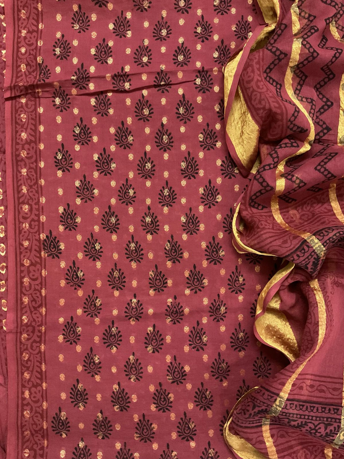 Pure Cotton Bagh Printed Banarasi Weaved Suit - Wine
