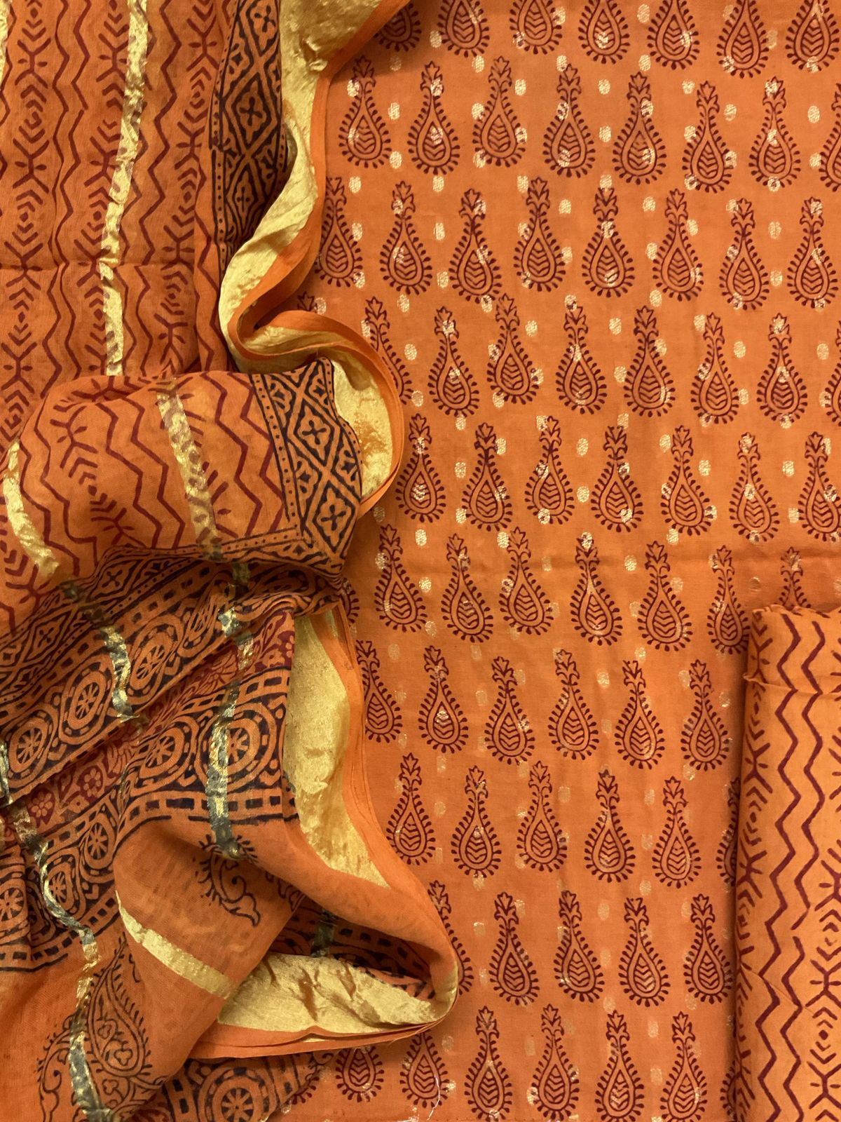 Pure Cotton Bagh Printed Banarasi Weaved Suit - Orange