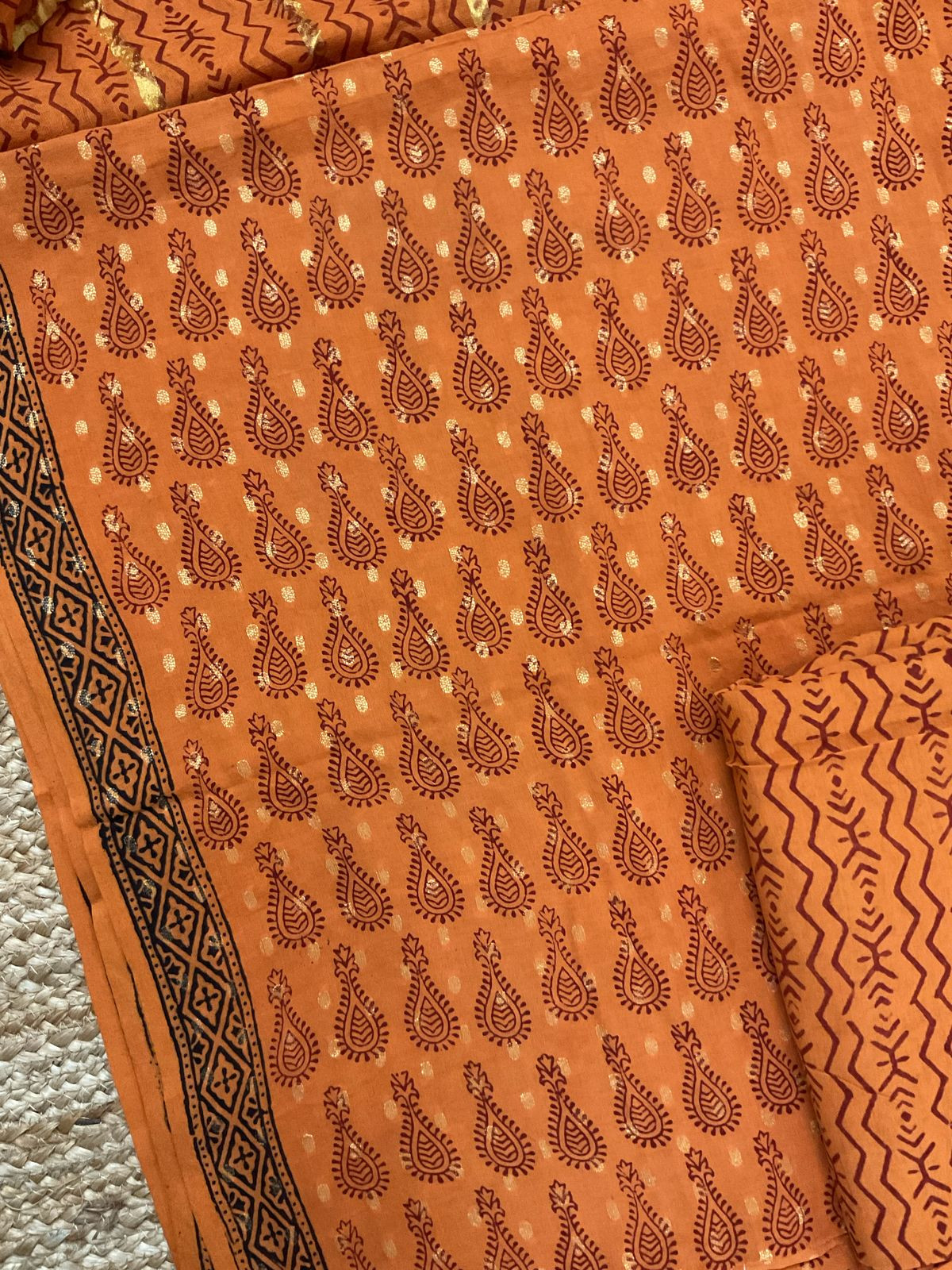 Pure Cotton Bagh Printed Banarasi Weaved Suit - Orange