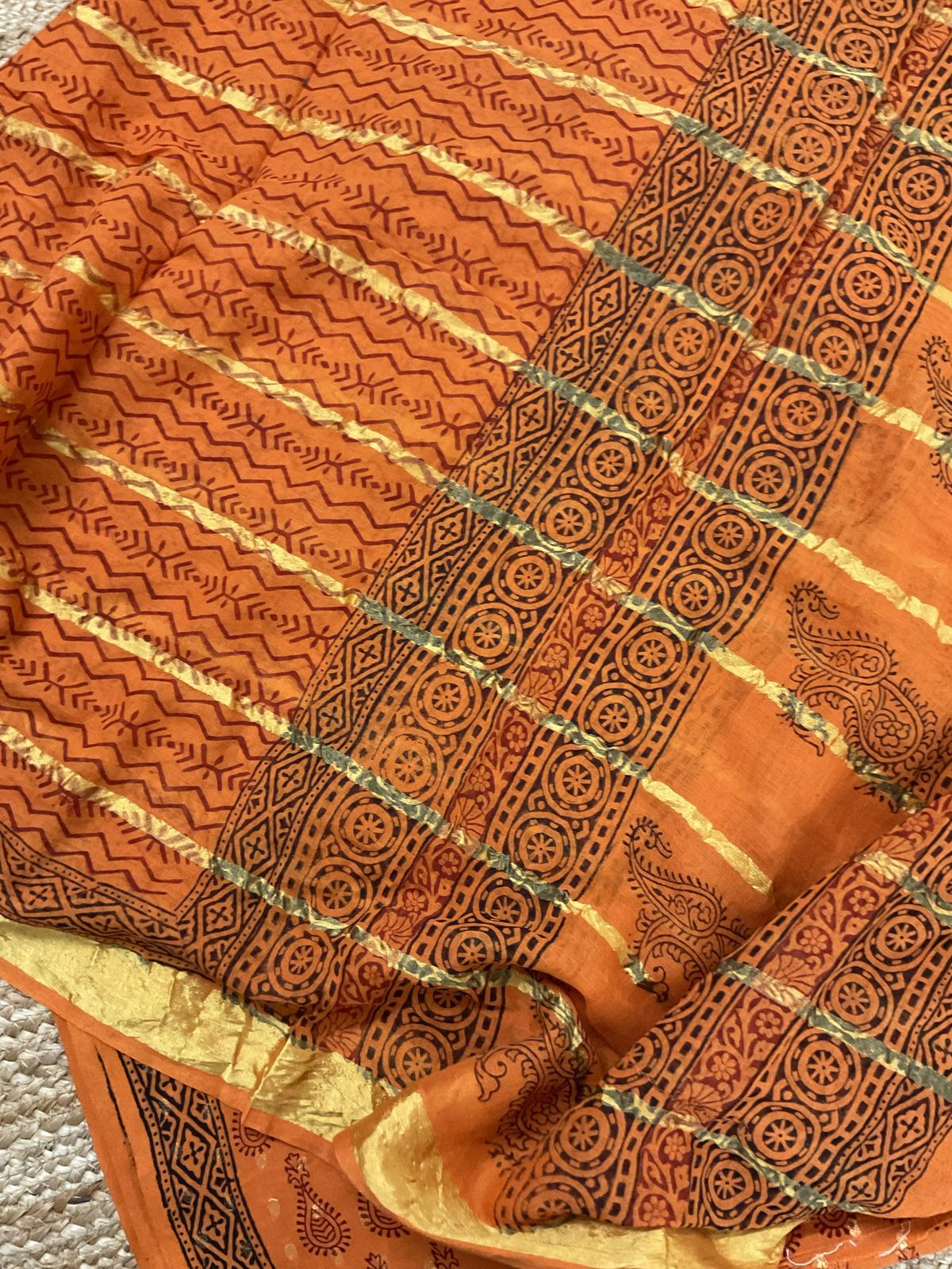 Pure Cotton Bagh Printed Banarasi Weaved Suit - Orange