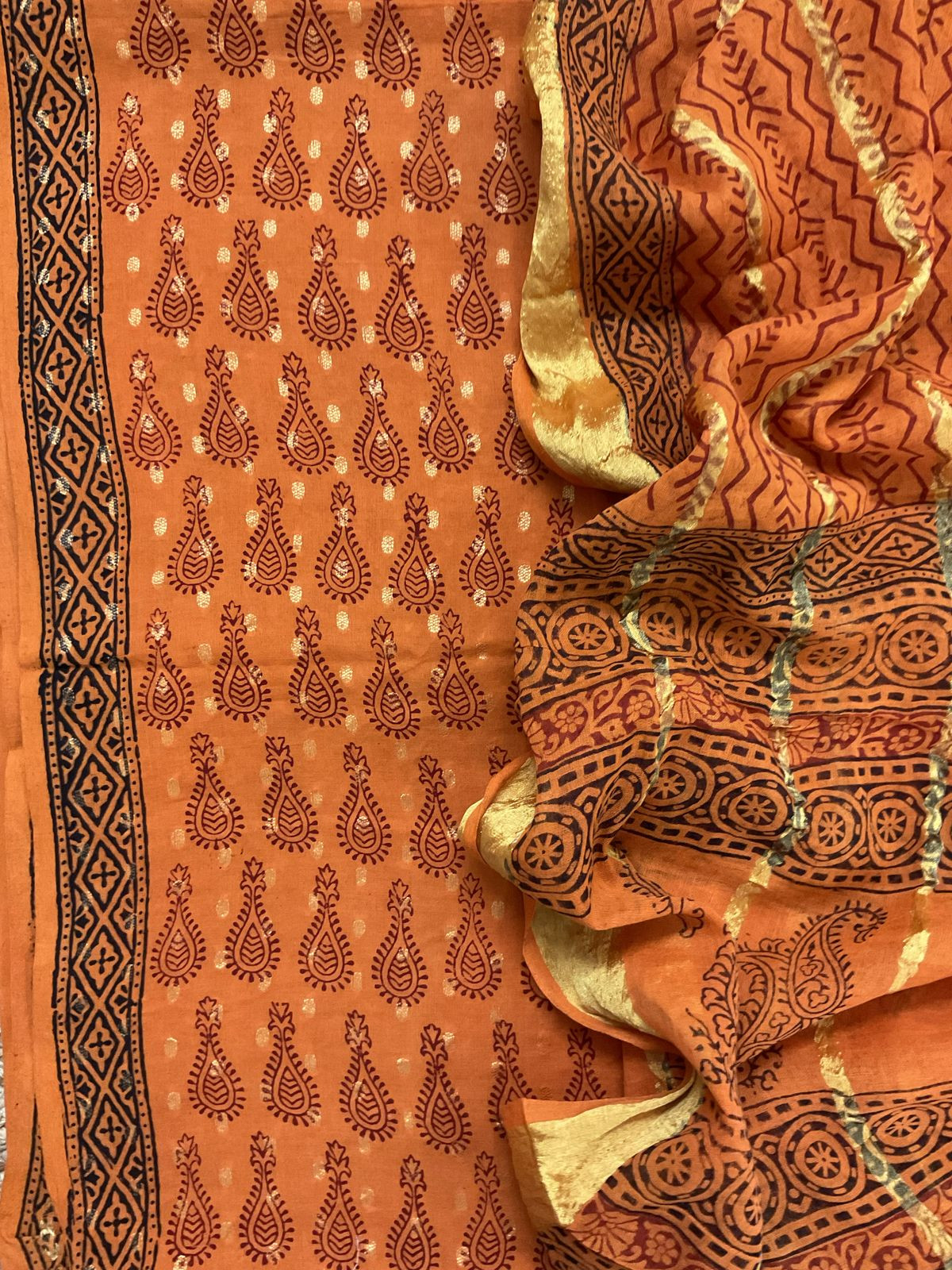Pure Cotton Bagh Printed Banarasi Weaved Suit - Orange