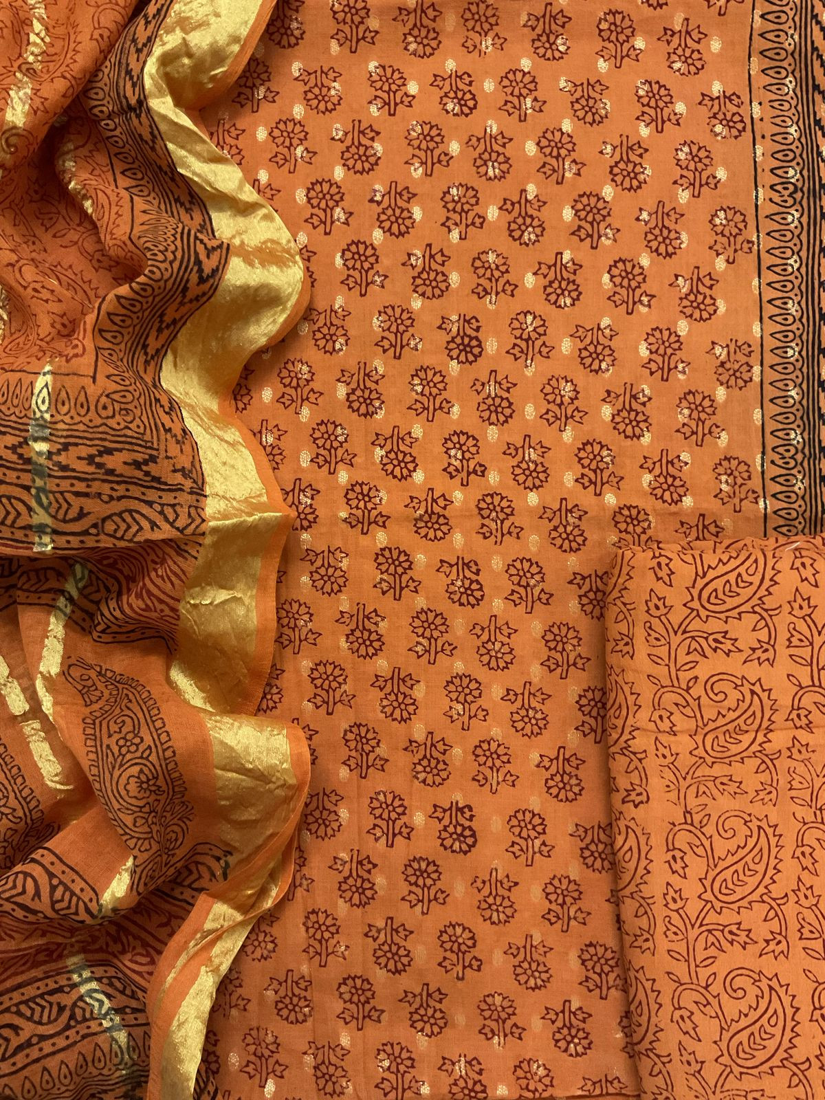 Pure Cotton Bagh Printed Banarasi Weaved Suit - Orange
