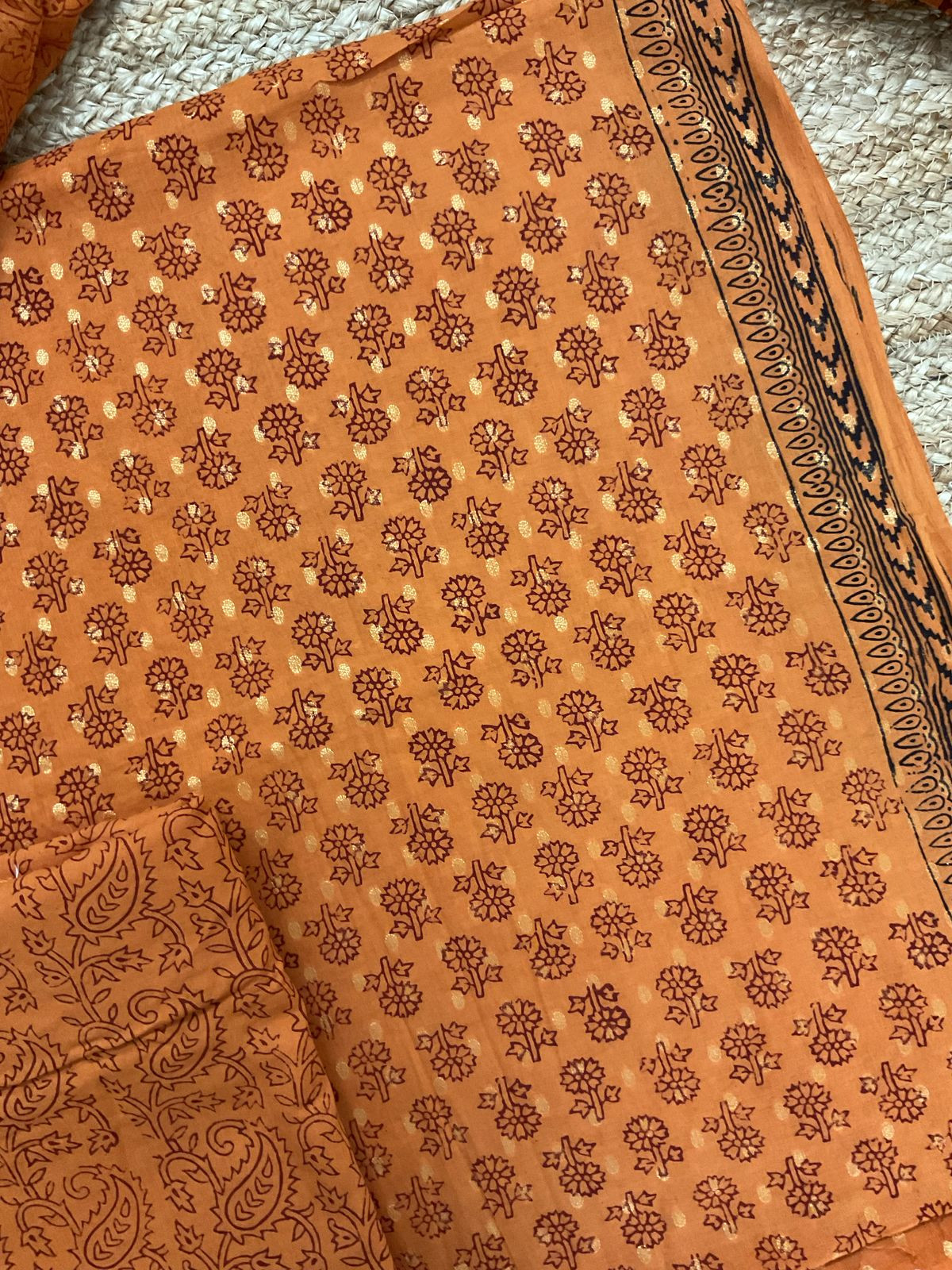 Pure Cotton Bagh Printed Banarasi Weaved Suit - Orange