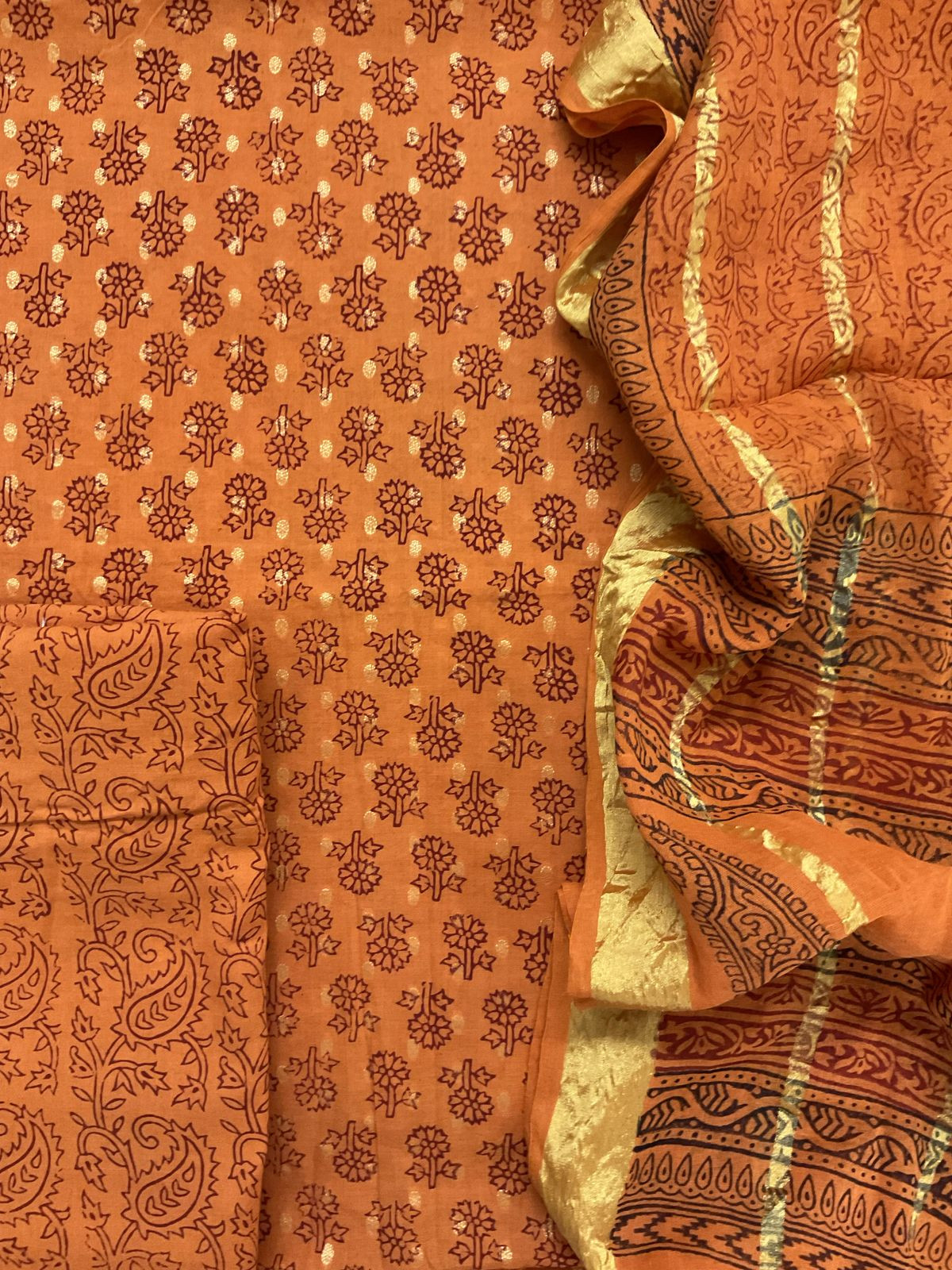 Pure Cotton Bagh Printed Banarasi Weaved Suit - Orange