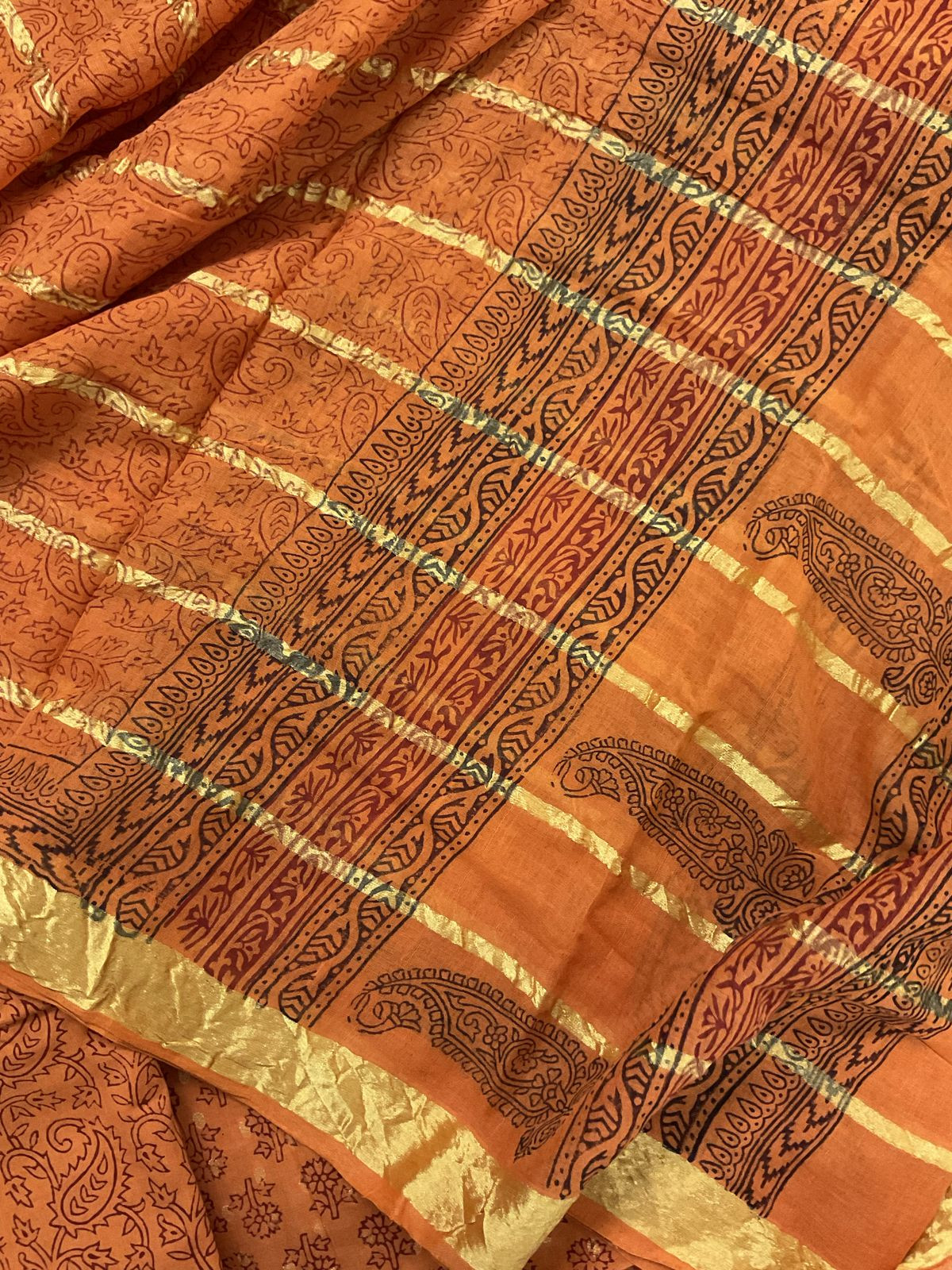 Pure Cotton Bagh Printed Banarasi Weaved Suit - Orange