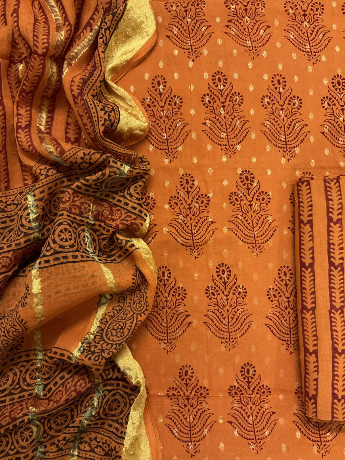 Pure Cotton Bagh Printed Banarasi Weaved Suit - Orange