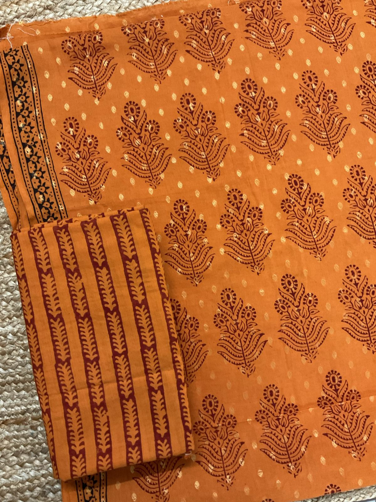 Pure Cotton Bagh Printed Banarasi Weaved Suit - Orange