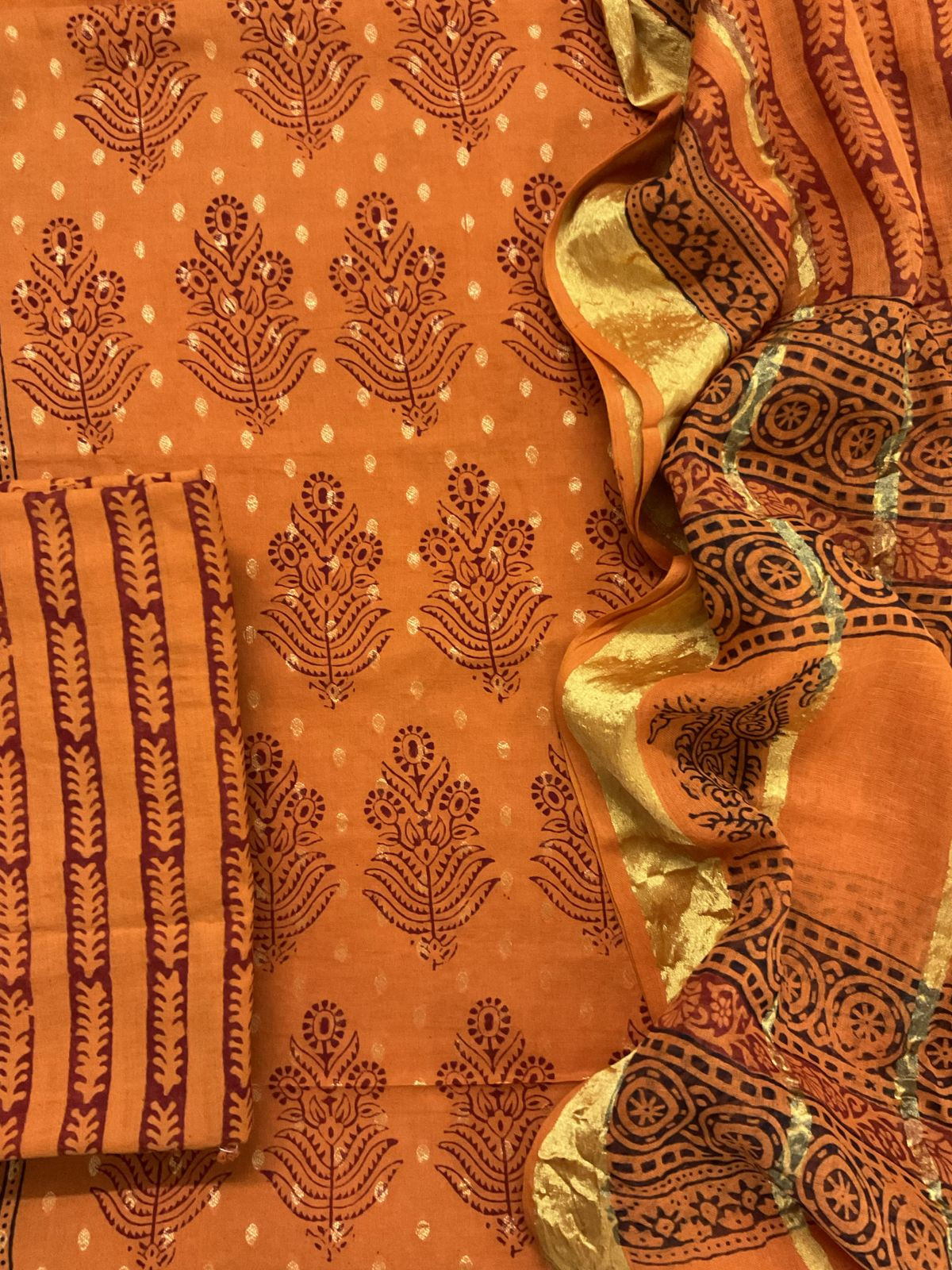 Pure Cotton Bagh Printed Banarasi Weaved Suit - Orange