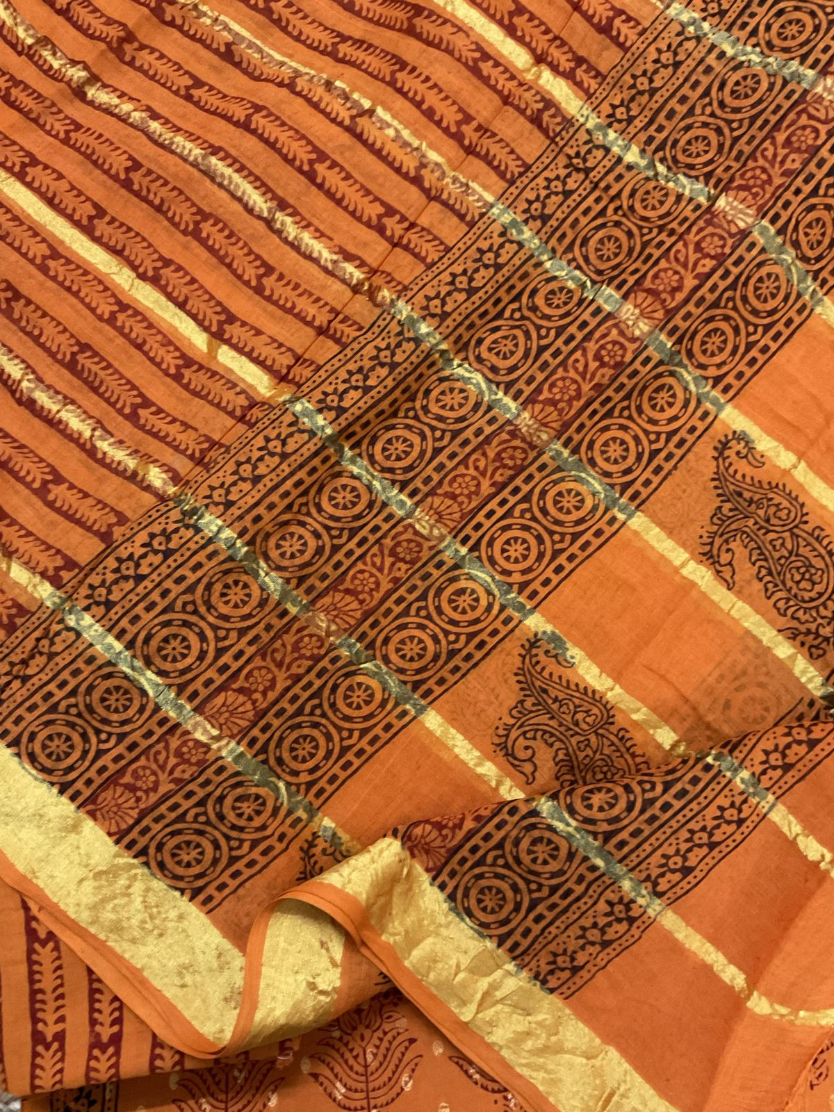 Pure Cotton Bagh Printed Banarasi Weaved Suit - Orange