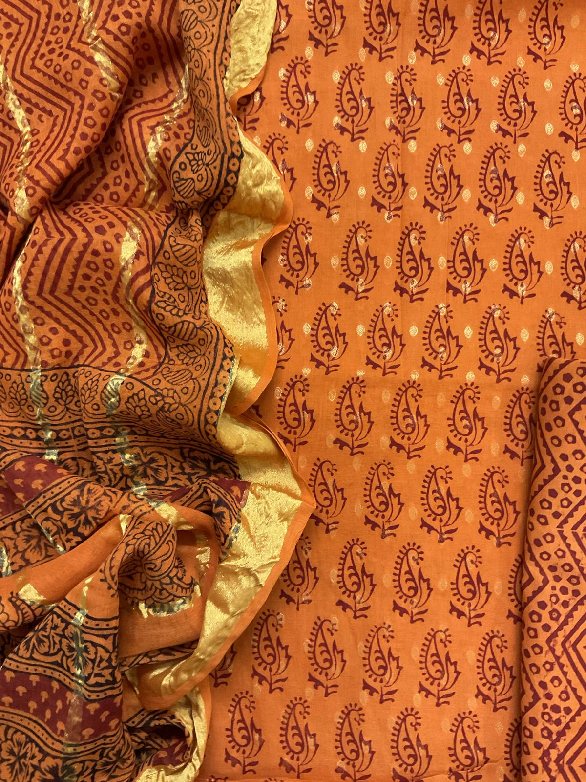 Pure Cotton Bagh Printed Banarasi Weaved Suit - Orange