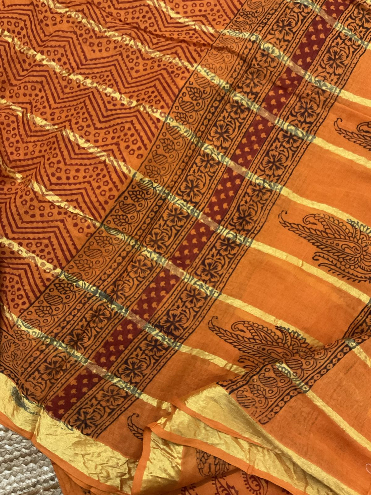 Pure Cotton Bagh Printed Banarasi Weaved Suit - Orange
