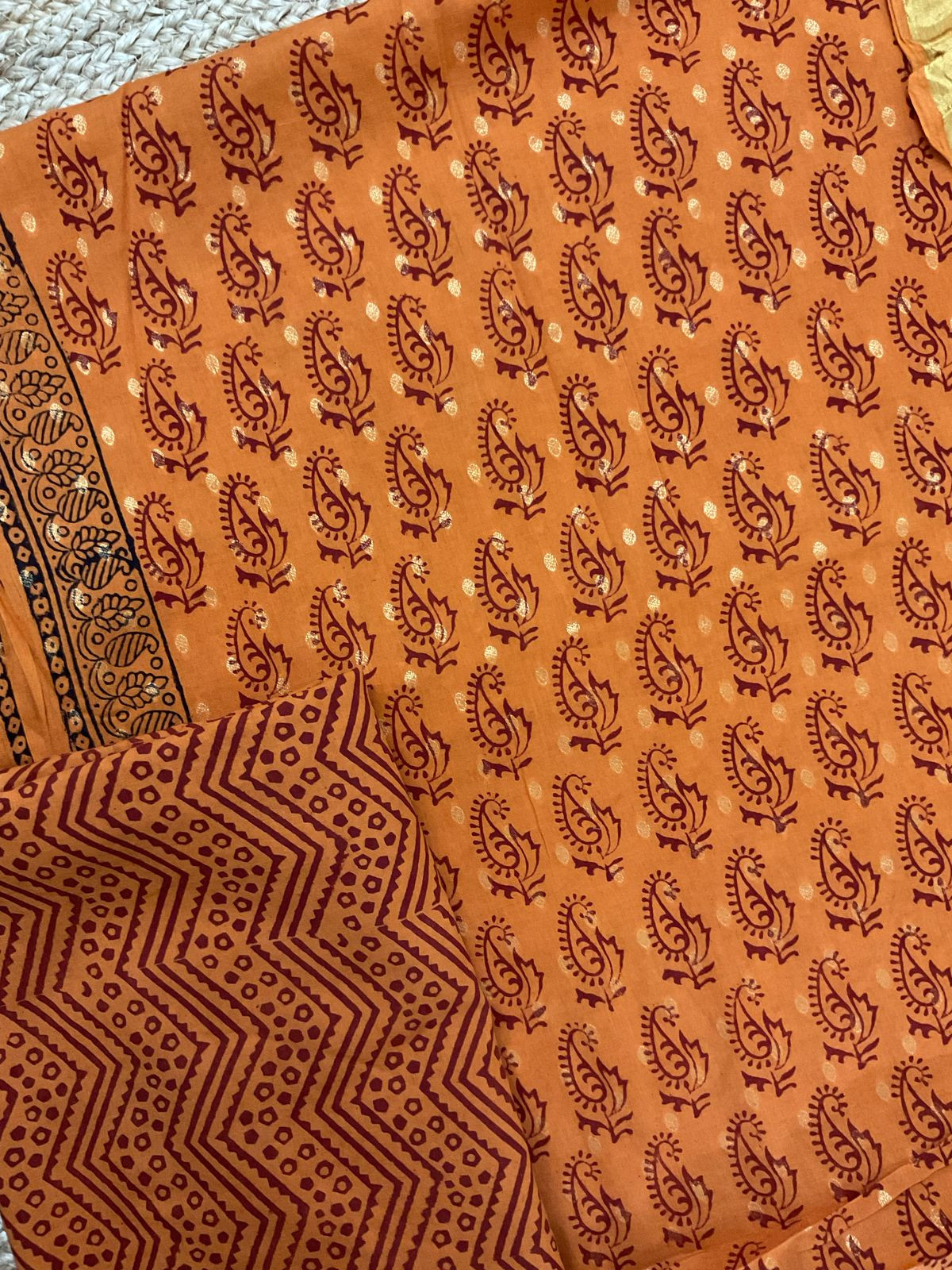 Pure Cotton Bagh Printed Banarasi Weaved Suit - Orange