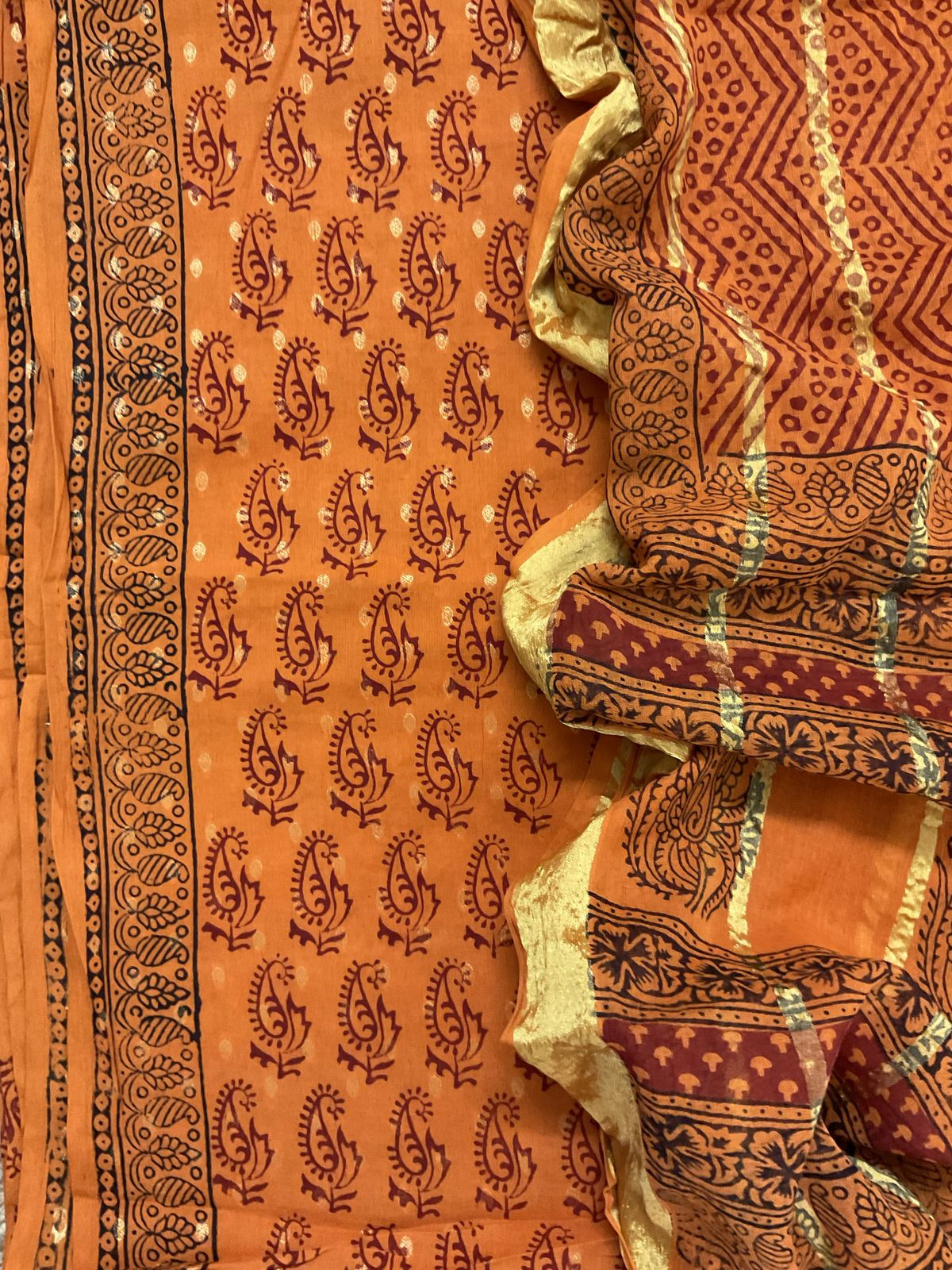 Pure Cotton Bagh Printed Banarasi Weaved Suit - Orange
