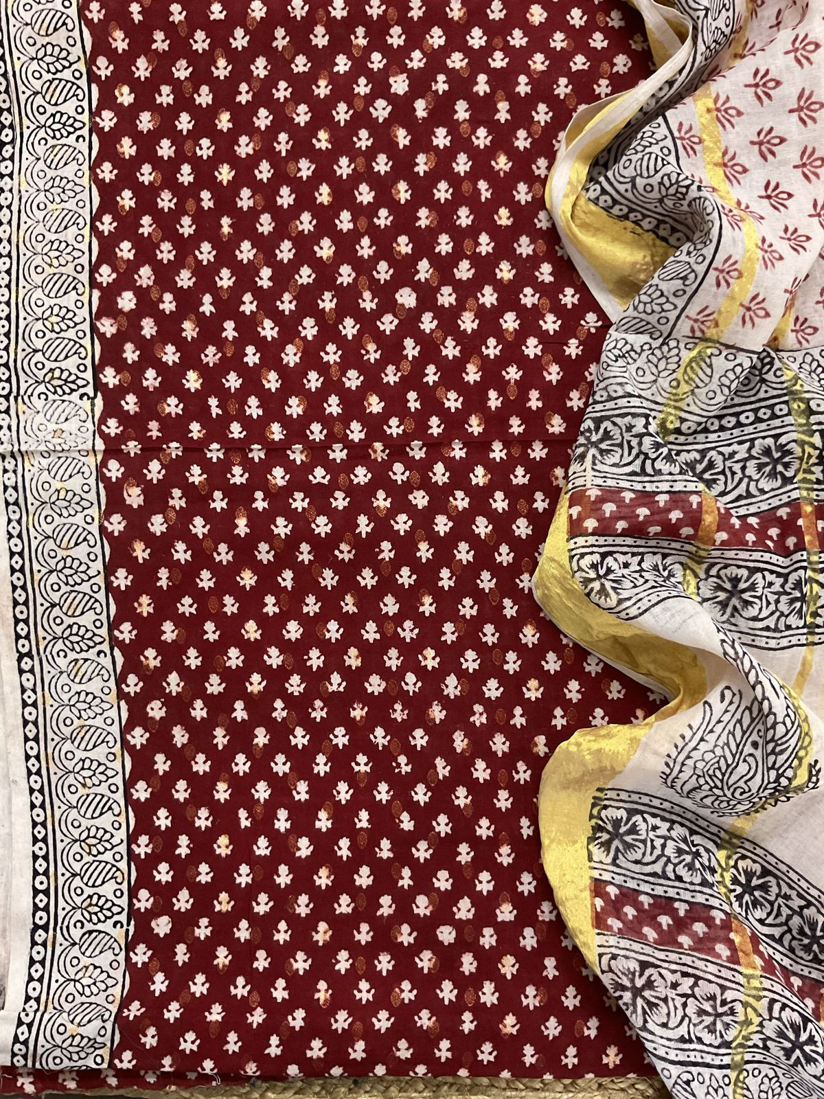 Pure Cotton Bagh Printed Banarasi Weaved Suit - Maroon