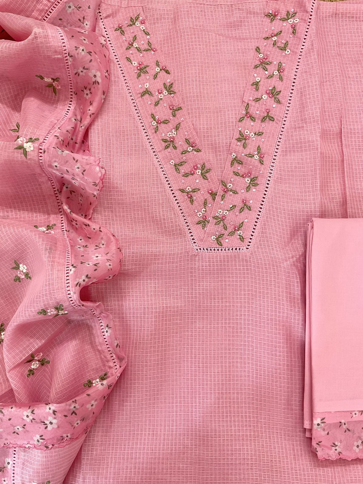 Soft Kota Silk Embroidered Suit - Pink