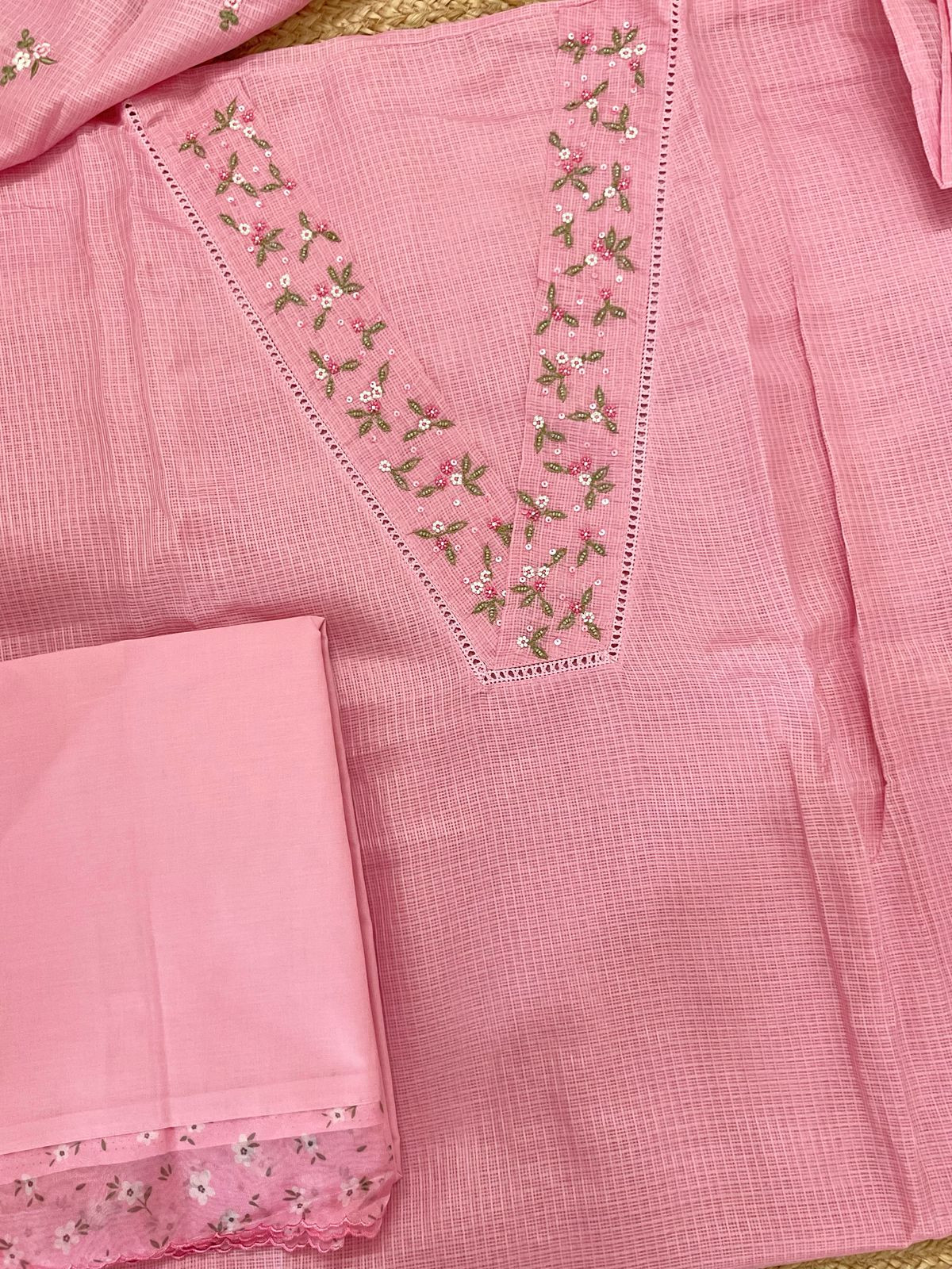 Soft Kota Silk Embroidered Suit - Pink