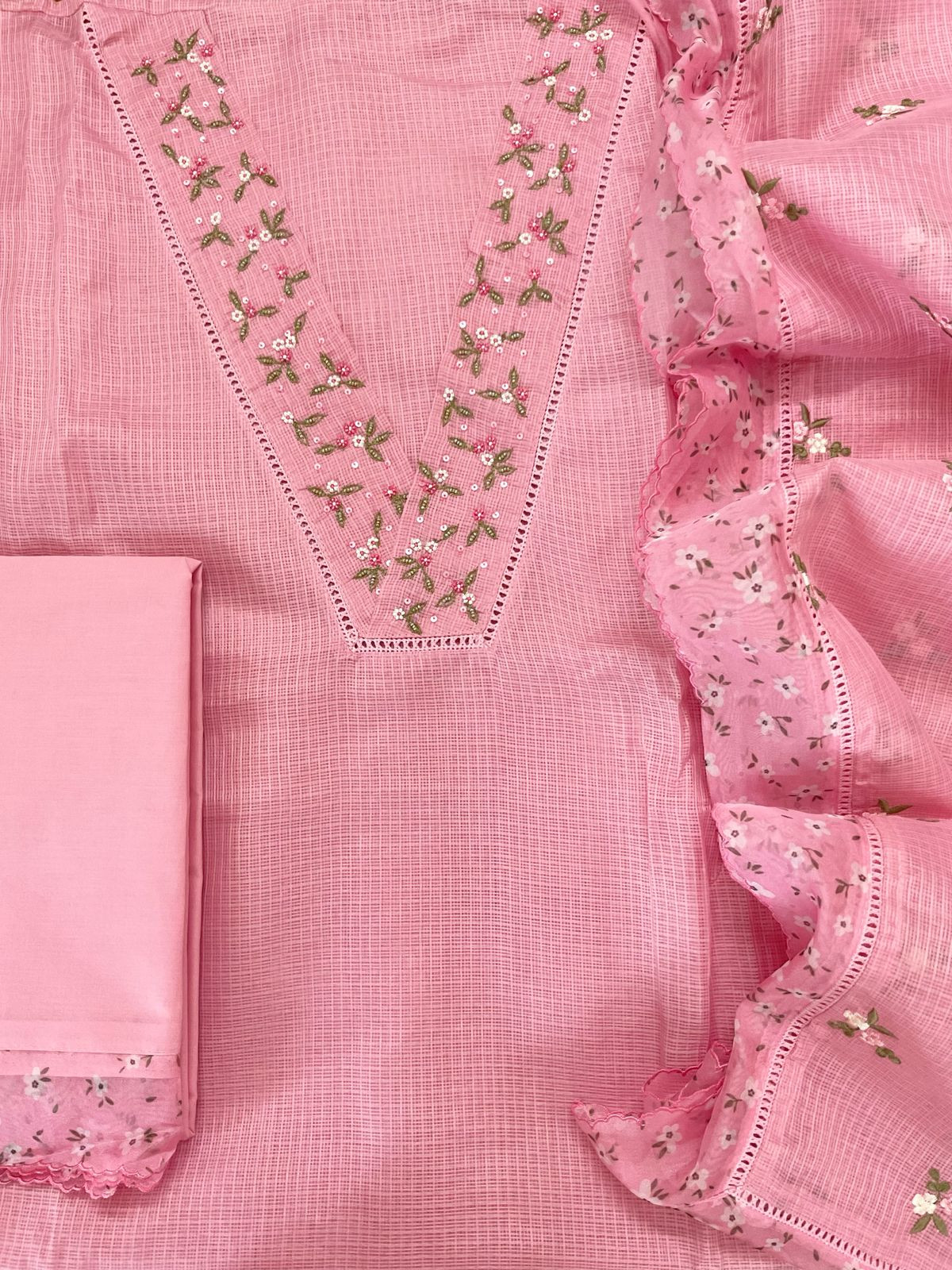 Soft Kota Silk Embroidered Suit - Pink