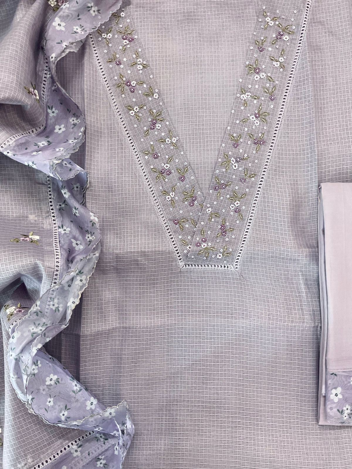 Soft Kota Silk Embroidered Suit - Lilac Grey