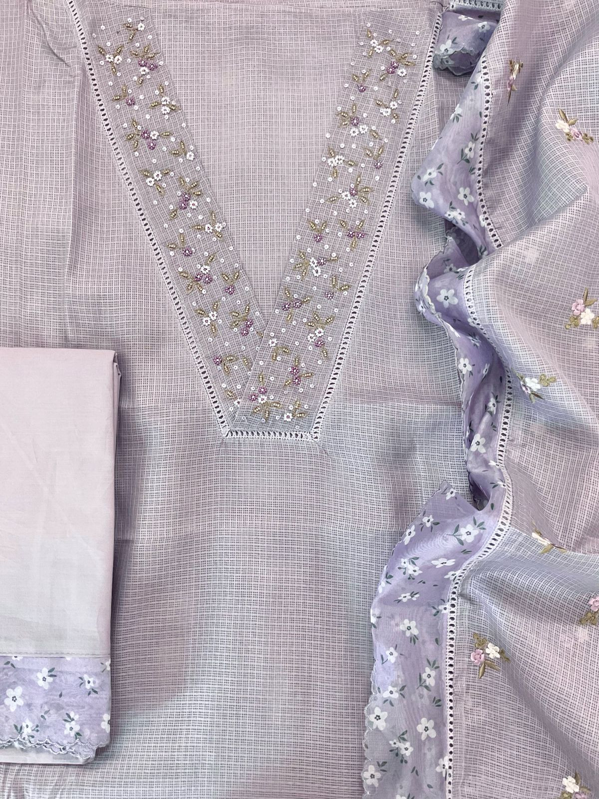 Soft Kota Silk Embroidered Suit - Lilac Grey