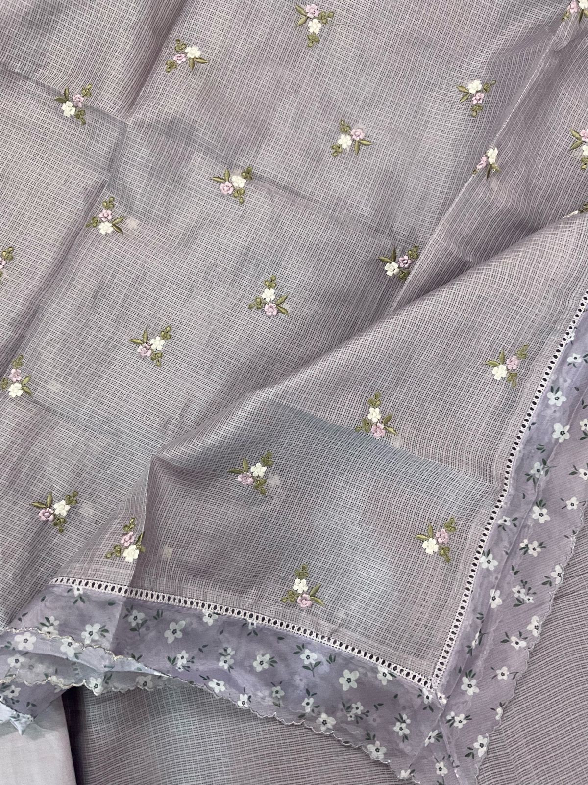 Soft Kota Silk Embroidered Suit - Lilac Grey